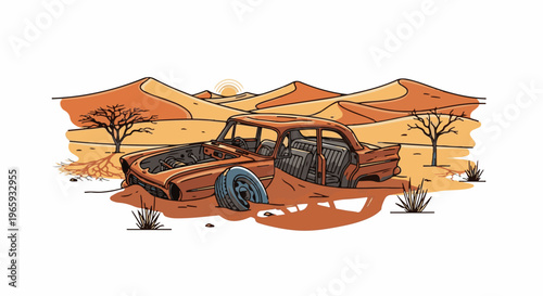 Abandoned vintage car rusting in sandy desert landscape under a setting sun