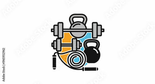 Collection of fitness equipment including dumbbells, kettlebells, jump rope, and a mat