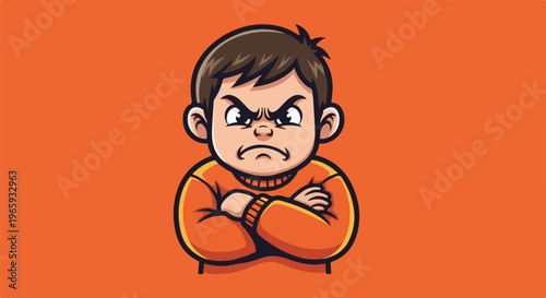 Cartoon boy with crossed arms and an angry expression on an orange background