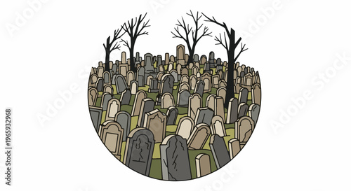 An illustration of a graveyard with many tombstones and bare trees within a circular frame