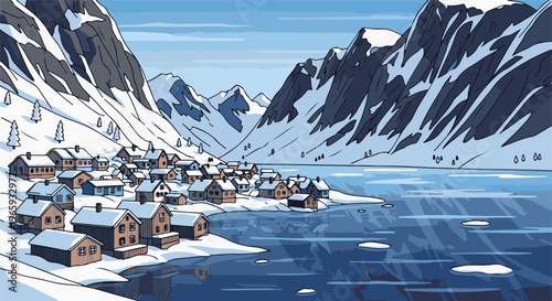 A pixelated village rests by a frozen lake, snow-capped mountains looming behind under a pale blue sky