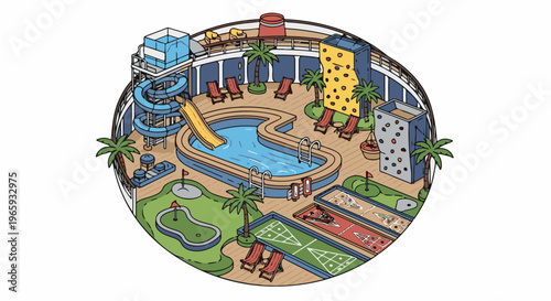Isometric view of a ship deck with pool, slides, mini golf, shuffleboard, climbing wall