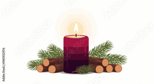 A lit burgundy candle with a warm glow, flanked by pine branches and stacked logs