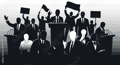 A group of silhouetted figures, some holding signs and flags, gather around a podium for a formal presentation or rally
