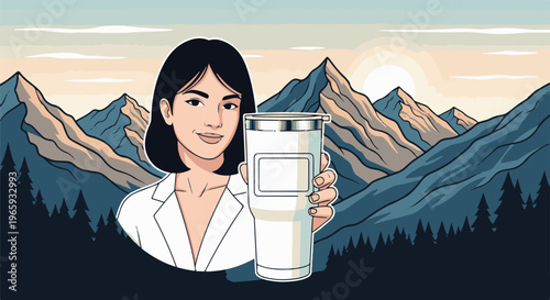 Woman holds a white cup with a blank label in a mountain landscape