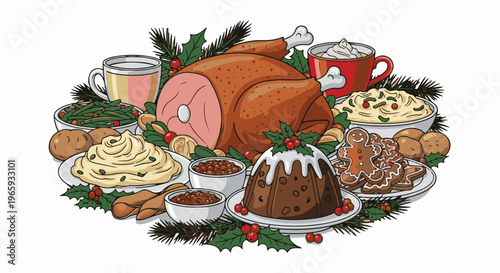 A festive feast with a roasted bird, mashed potatoes, green beans, gravy, pudding, and gingerbread