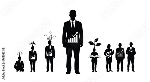 Photography Business growth and development concept, silhouettes of business people with ico