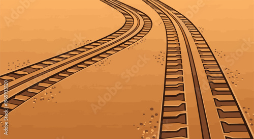 Expansive, curving train tracks made of wood and metal on a sandy landscape