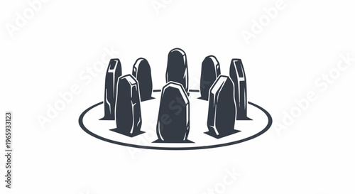 A circular arrangement of dark, upright stones on a white background