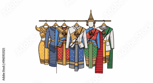 Collection of colorful traditional garments displayed on a rack