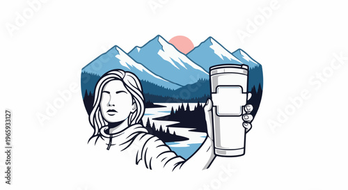Woman holds thermos in front of a mountain, river, and forest scene with a pink sun