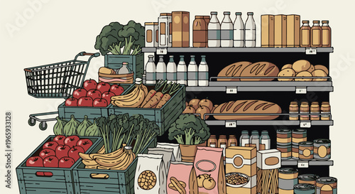 A grocery store aisle displaying fresh produce, bread, and packaged goods with a shopping cart
