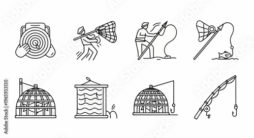 Icons depicting fishing and catching activities with nets, rods, and traps