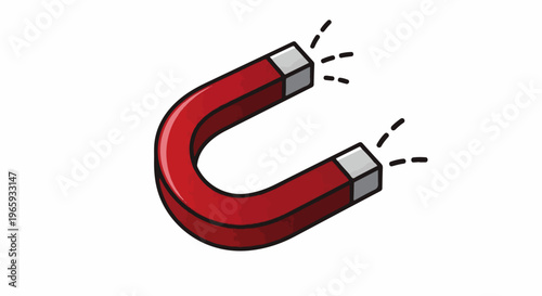 A red horseshoe magnet with gray tips and dashed lines indicating magnetic force