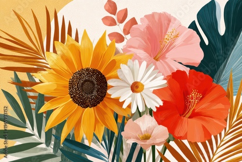 Flat vector illustration of sunflower and tropical flowers in a colorful summer bouquet