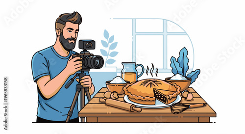 Man filming baking pie with ingredients and kitchen background