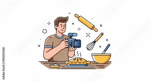 A person films a freshly baked pie with a video camera, surrounded by baking tools