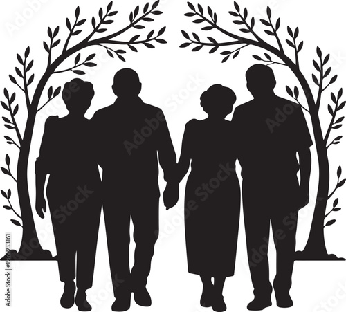 Set of cute elderly couples. Happy seniors together. Old men and women, spouses. Vector silhouette