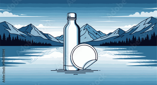 A minimalist, pixel-art scene of a reusable water bottle and sticker on an icy lake, with mountains and trees in the background