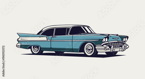 A vintage blue and white two-door car with prominent tail fins and chrome accents