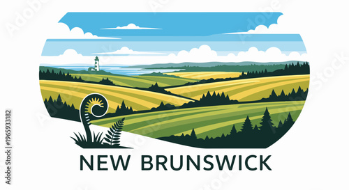 Coastal landscape with rolling fields, a lighthouse, and a fern