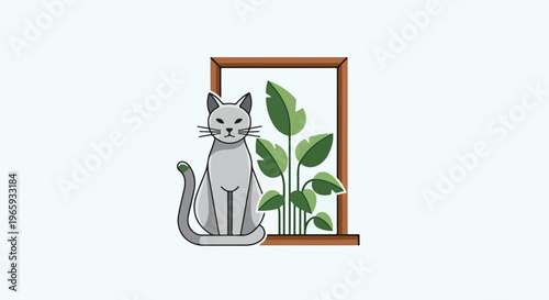 A stylized grey cat sits peacefully next to a window with lush green plants