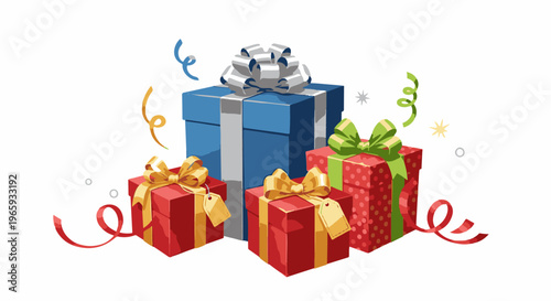 Festive assorted gift boxes adorned with ribbons and streamers