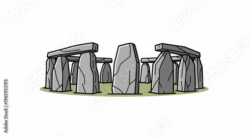 Stylized depiction of a megalithic stone circle on a grassy base