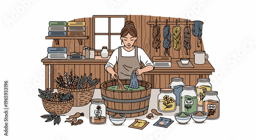 Person dyes fabric in a rustic workshop with natural ingredients and yarn