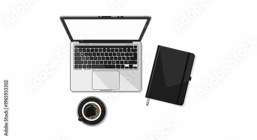 Minimalist setup of a laptop, notebook, and coffee on a white background