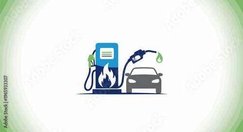 Car at a gas station with fuel pump and dripping fuel nozzle