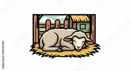 A fluffy sheep rests peacefully on a bed of straw, with a rustic barn and fence in the background