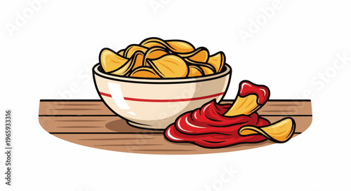 Crispy chips in a bowl with some dipped in a pool of rich red sauce