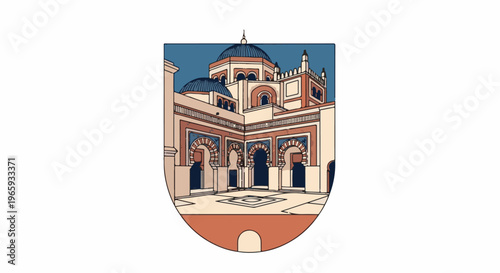 Detailed illustration of a historic courtyard with arched doorways, domes, and intricate architectural details