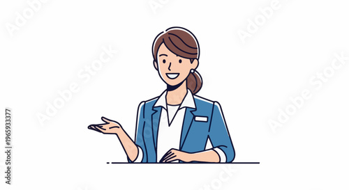 Friendly professional presenting with open hand gesture and smile