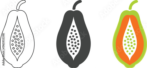 Minimalist papaya fruit vector icons set featuring outline silhouette and tropical orange color flat designs with seeds isolated on white background