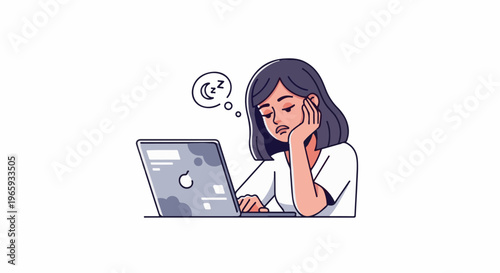 Tired woman looking at a laptop, dreaming of sleep
