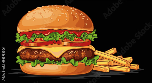 A generously stacked, cartoon-style hamburger with melted cheese, lettuce, tomato, and ketchup, served with a side of golden fries