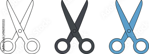 Minimalist scissors vector icons set featuring open blades in outline silhouette and blue color flat designs isolated on white background  