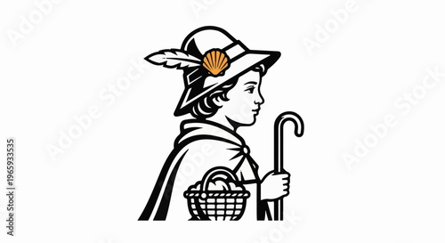 Stylized pilgrim figure with hat, cape, staff, and basket, bearing a scallop shell emblem
