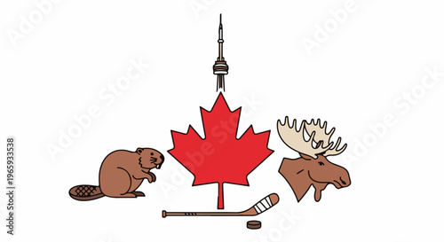 Cartoon Canadian symbols beaver, maple leaf, moose, CN Tower, hockey stick, and puck