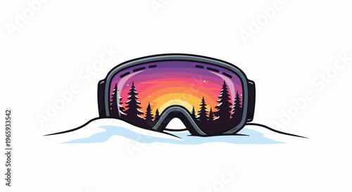 Ski goggles reflect a vibrant sunset over a snowy forest landscape