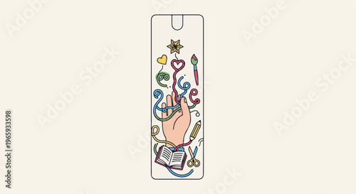 Hand creating colorful art with tools and symbols, evoking imagination and craft