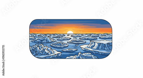 Pixelated Arctic seascape at sunset with ice floes and a bright sun