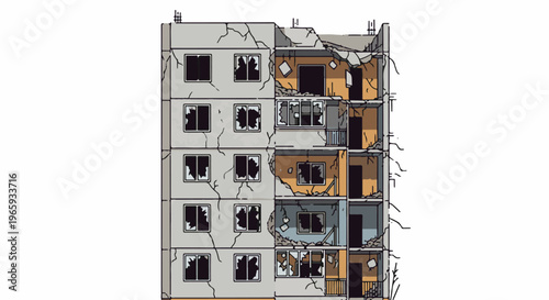 A pixelated, stylized depiction of a damaged, multi-story apartment building with broken windows and crumbling walls