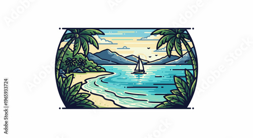 Serene tropical bay with a sailboat, mountains, palm trees, and a sunny sky