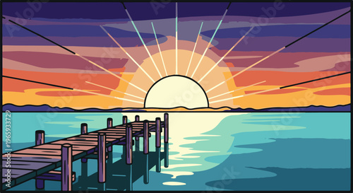 A wooden pier extends into a tranquil, blue sea at sunrise, with colorful rays of light piercing the horizon
