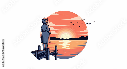 Person on dock gazes at sunset over water with birds flying