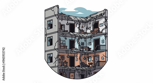 A cross-section of a damaged, multi-story building, showing interior destruction, debris, and broken windows