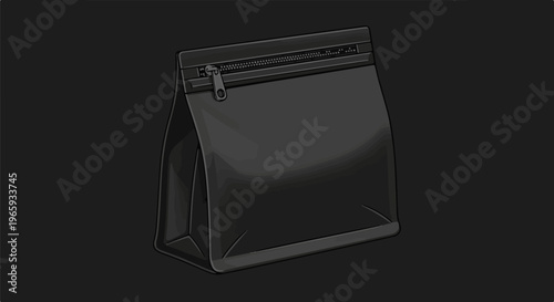 Black stand-up pouch with a metallic zipper closure, presented on a dark background